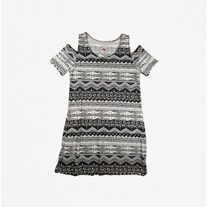 No Boundaries Black and White Tribal Aztec Geometric Cold Shoulder Dress